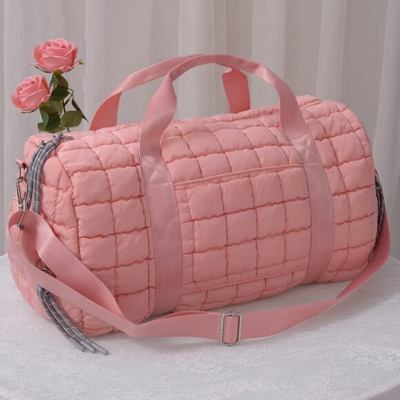 Light Pink Quilted Puffer Weekender BagTravel Duffel Tote Carry-On Gym Bag